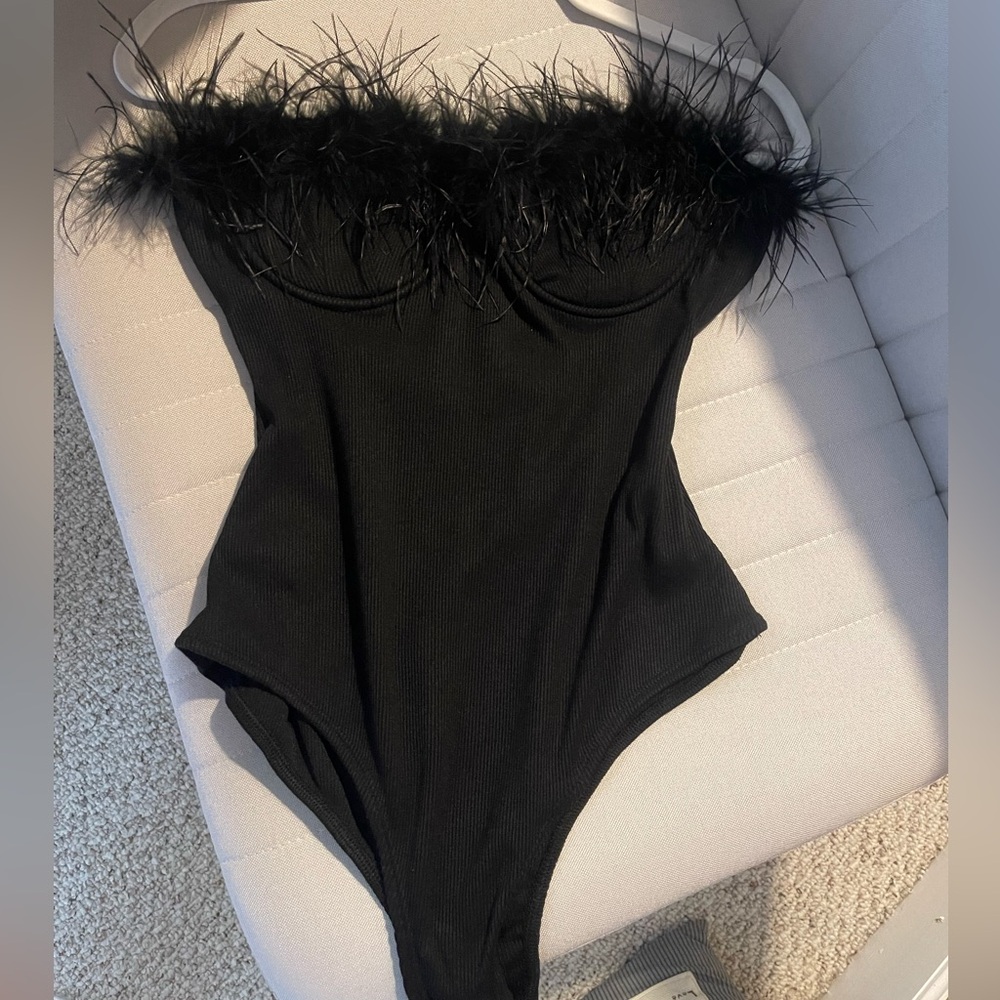 NWT Black Feathered Bodysuit